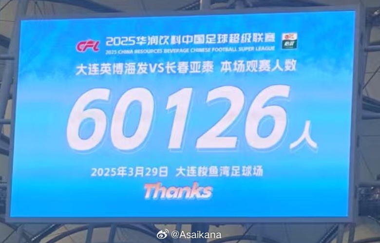 大連英博和長春亞泰吸引60126名觀眾現場觀戰，中超歷史排名第二
